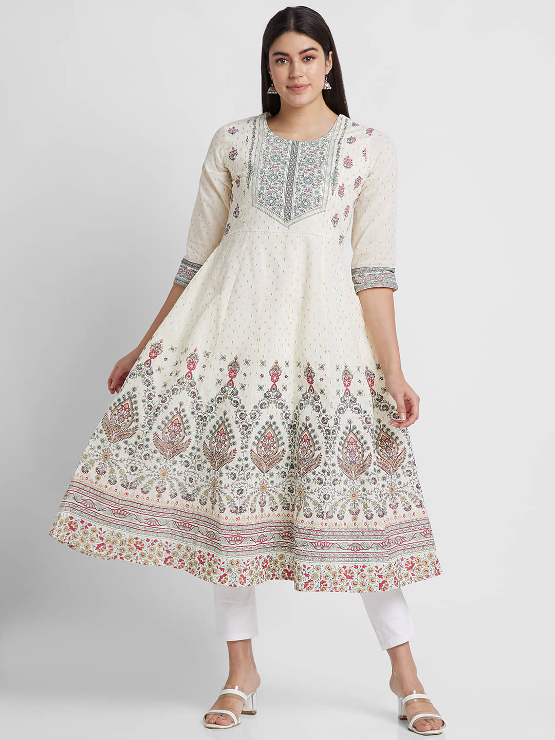 Globus - Off White Cotton Women's Anarkali Kurti ( Pack of 1 ) - Kurtis, Tunics | Buy online on ZillyBuy