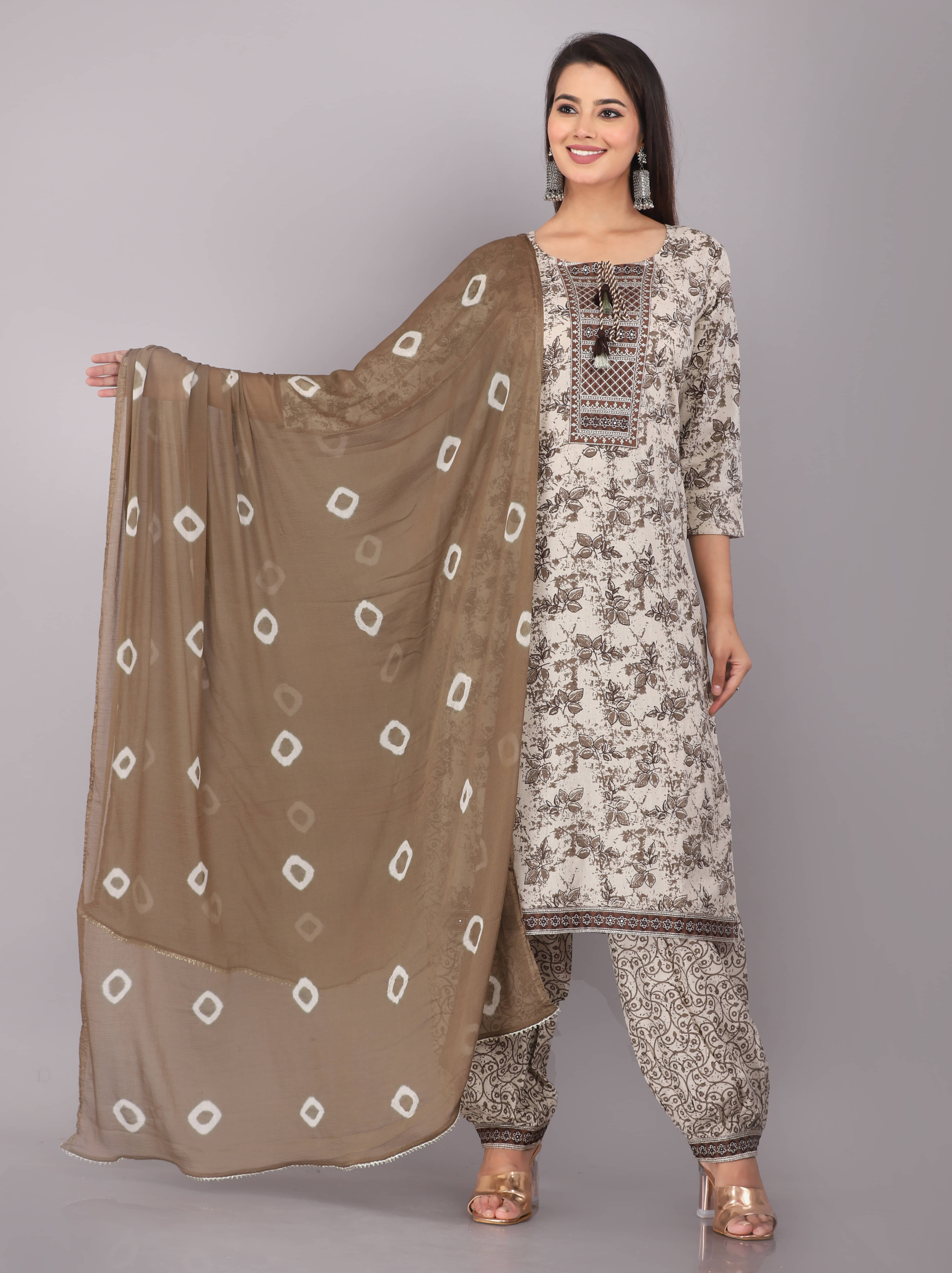 JC4U - Beige Straight Cotton Women's Stitched Salwar Suit ( Pack of 1 )