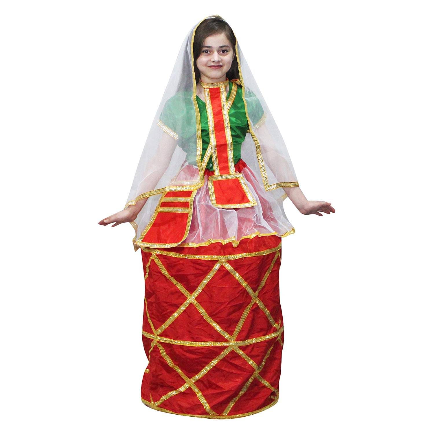 Kaku Fancy Dresses Indian State Manipuri Folk Dance Costume - Red & Green, for Girls 5-6 Years Kaku Fancy Dresses Indian State Manipuri Folk Dance Costume - Red & Green, for Girls 5-6 Years
