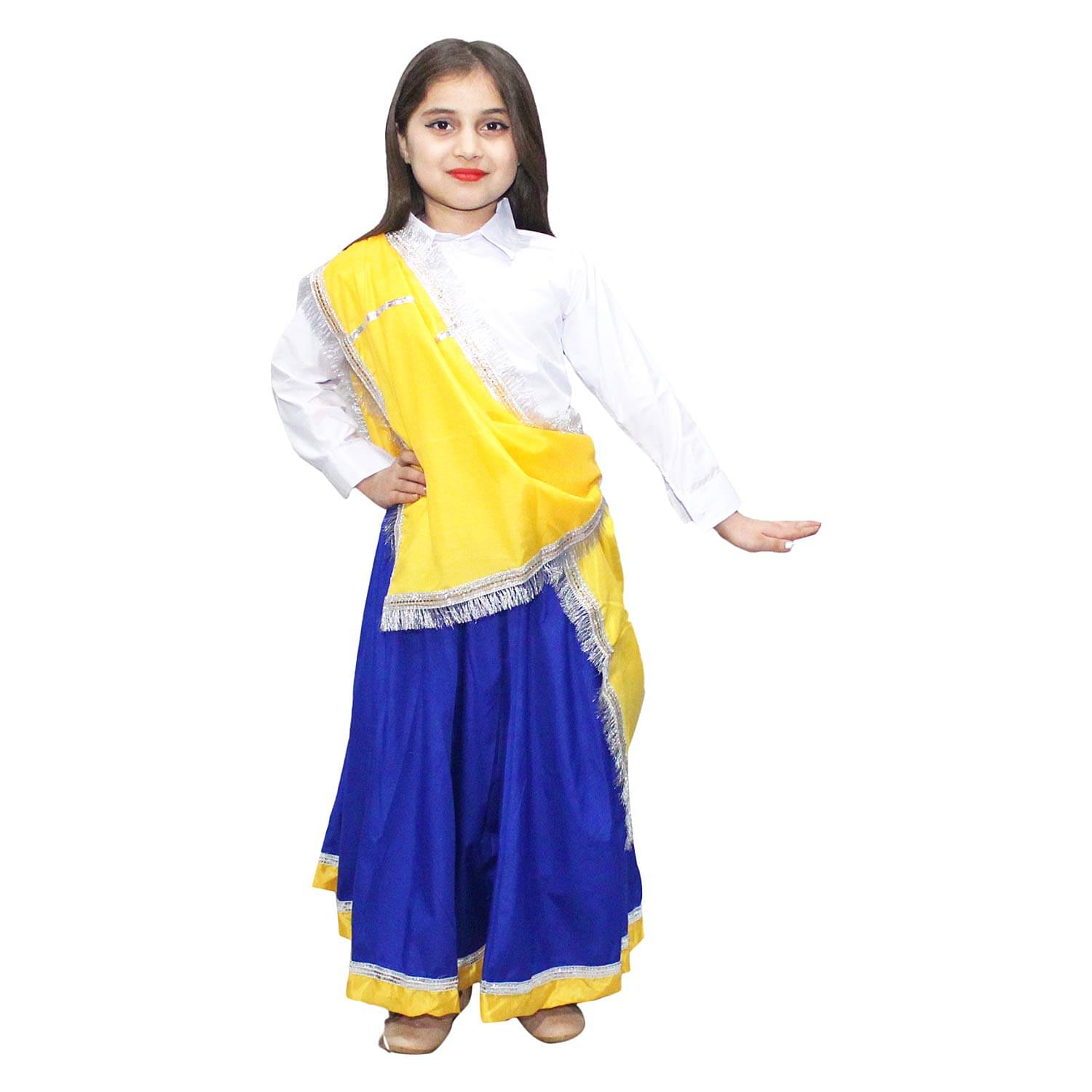 Kaku Fancy Dresses Indian State Haryanvi Dance Lehenga Costume For Girl-Yellow & Blue, 7-8 Years Kaku Fancy Dresses Indian State Haryanvi Dance Lehenga Costume For Girl-Yellow & Blue, 7-8 Years