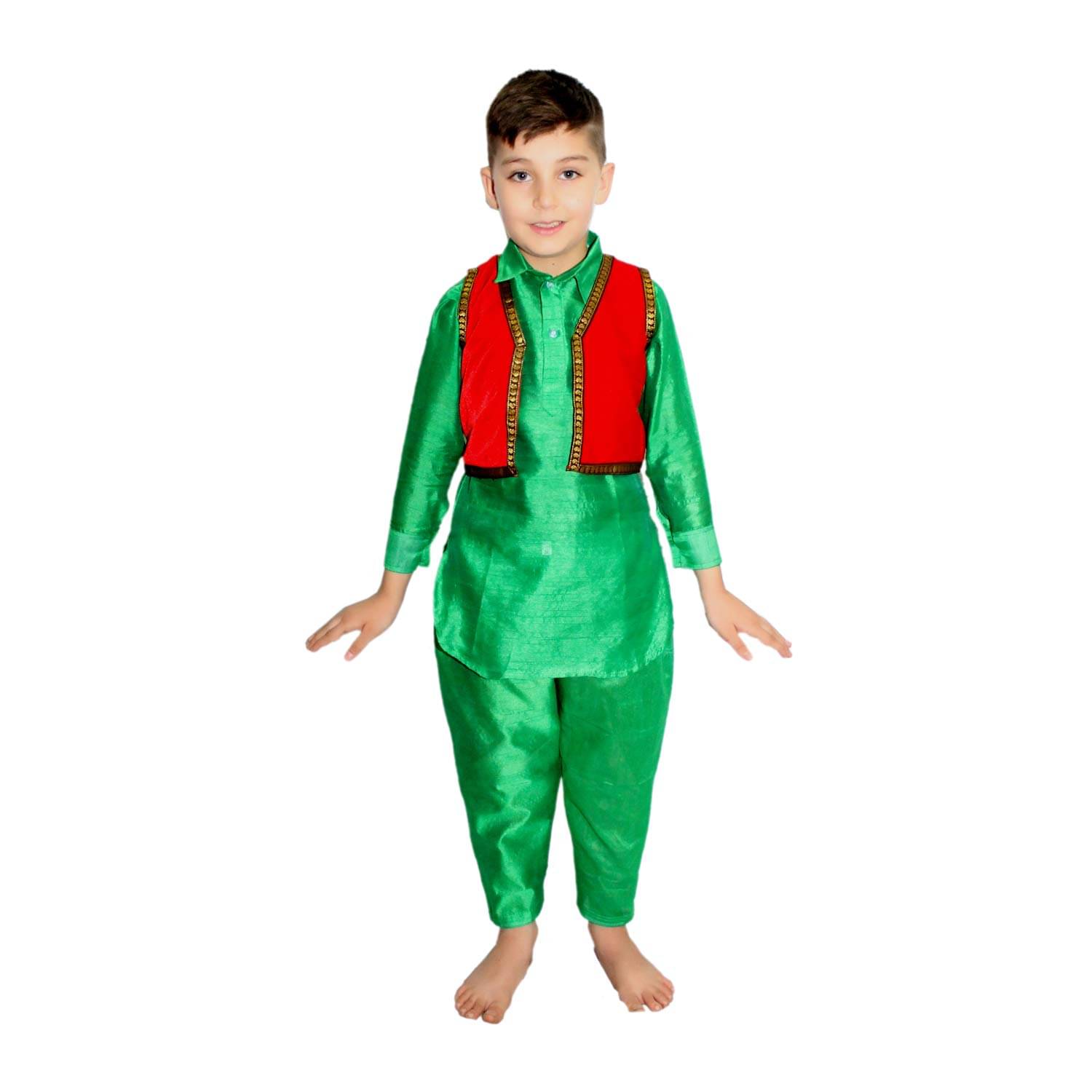     			Kaku Fancy Dresses Indian State Kashmiri Dance Costume for Kids/ Pathani Suit for Boy-Green & Red, 5-6 Years