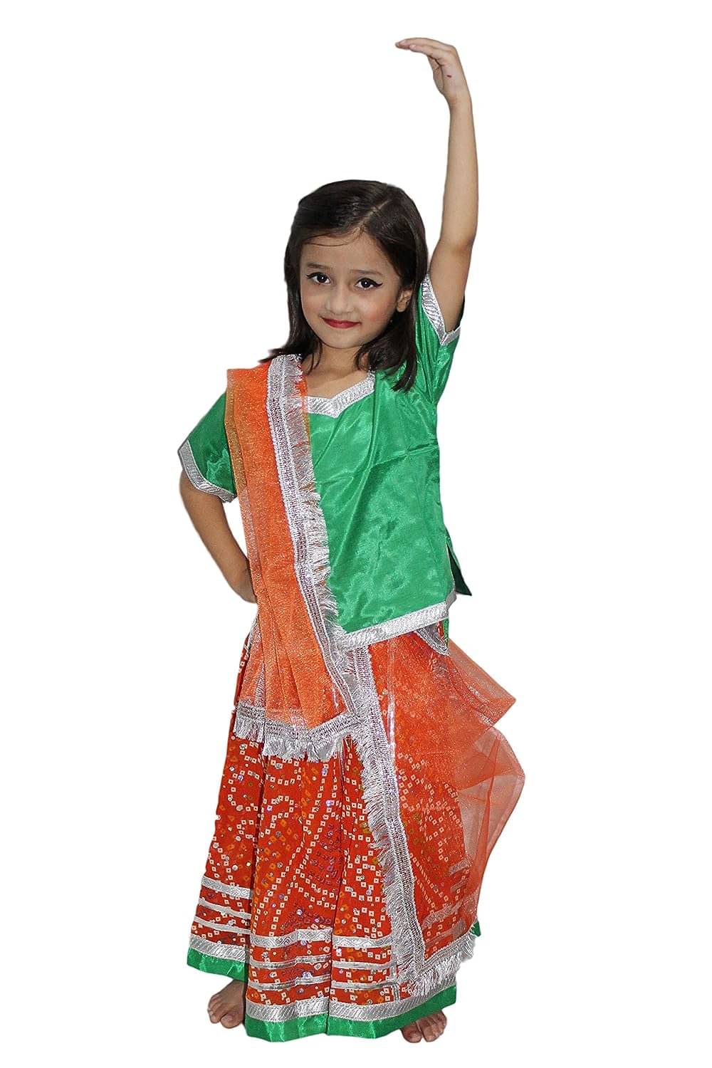     			Kaku Fancy Dresses Rajasthani Folk Dance Costume for Kids/ Lehenga Choli Costume Set - Orange, 3-4 Years, For Girls