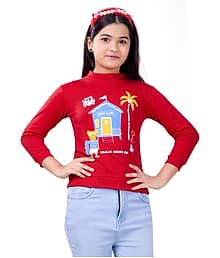 Little Funky Single Girls Cotton Blend Pullover ( Red )