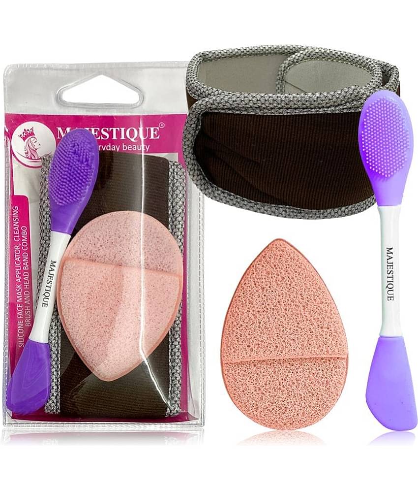 Majestique Facial Head Band, Dual Sided Silicone Brush with Makeup Remover Sponge - Color May Vary