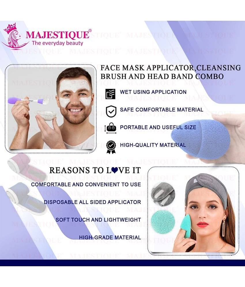 Majestique Facial Head Band, Dual Sided Silicone Brush with Makeup Remover Sponge - Color May Vary