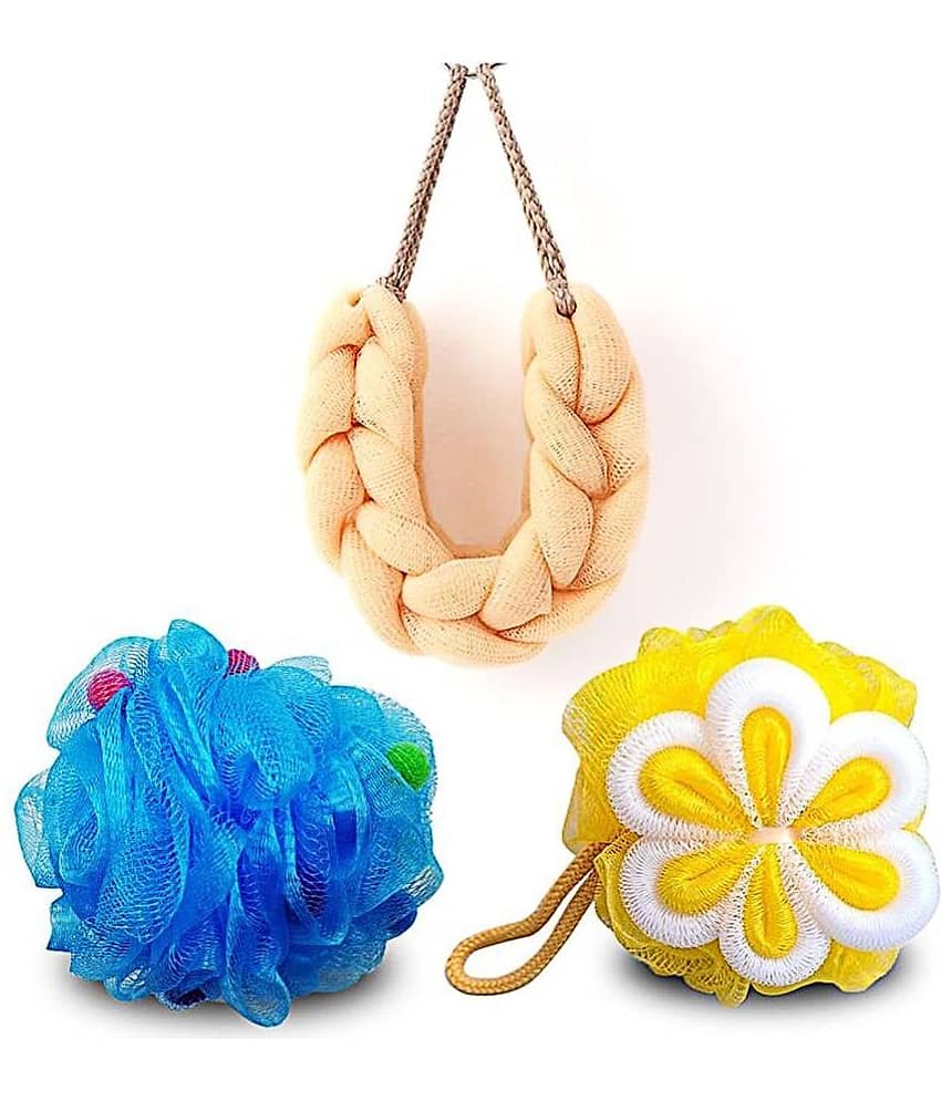 Majestique Long Bath Loofah Mesh Exfoliating Bath Scrubber Body Shower Sponge - Pack of 3 Multicolor - Body Care - Loofah and Other Tools | Buy online on ZillyBuy