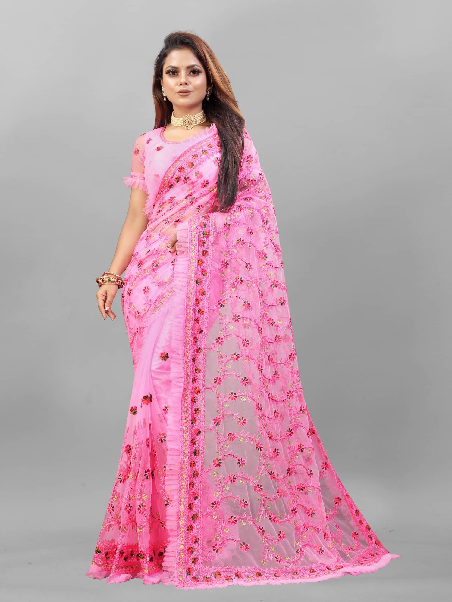 Aika Net Embroidered Saree With Unstitched Blouse Piece ( Pink ) Aika Net Embroidered Saree With Unstitched Blouse Piece ( Pink )