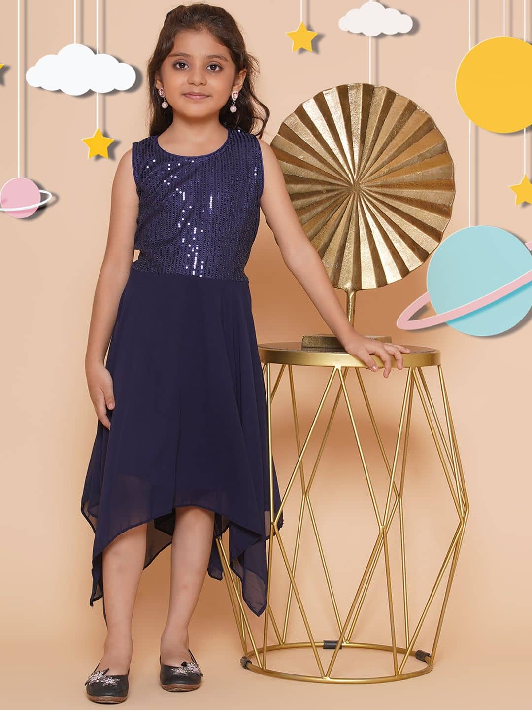 Arshia Fashions Georgette Asymmetric Dress For Girls ( Pack of 1 , Blue )