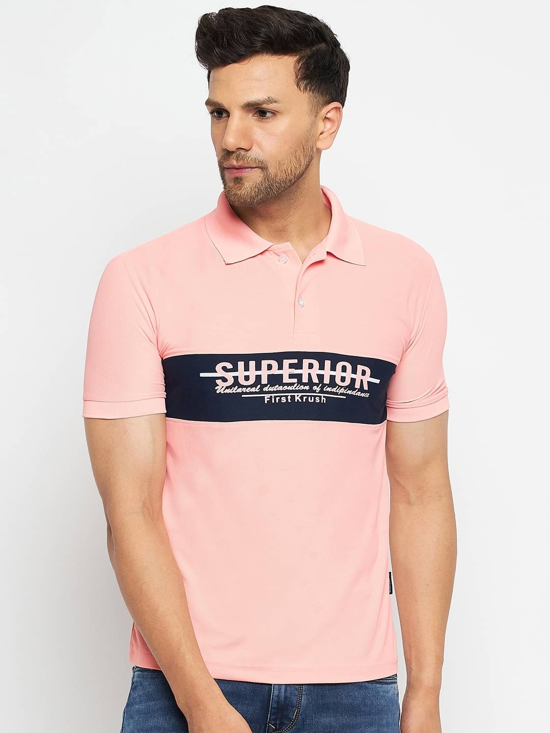 First Krush Pack of 1 Cotton Regular Fit Printed Half Sleeves Men's Polo T Shirt ( Peach ) First Krush Pack of 1 Cotton Regular Fit Printed Half Sleeves Men's Polo T Shirt ( Peach )
