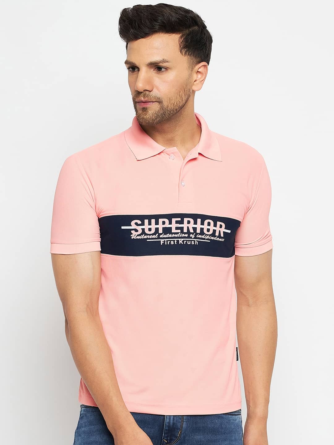 First Krush Pack of 1 Cotton Regular Fit Printed Half Sleeves Men's Polo T Shirt ( Peach )