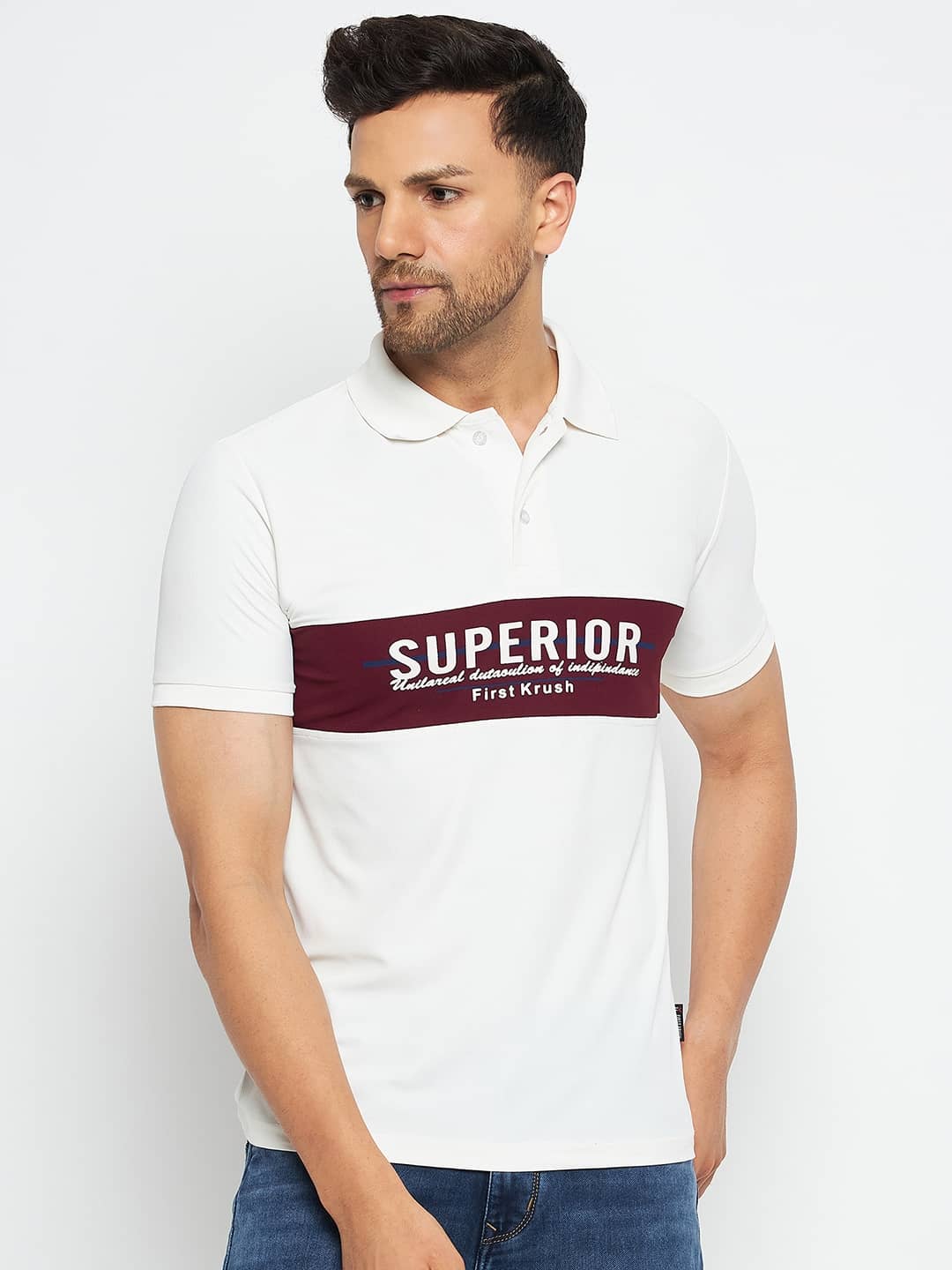 First Krush Pack of 1 Cotton Regular Fit Printed Half Sleeves Men's Polo T Shirt ( White )