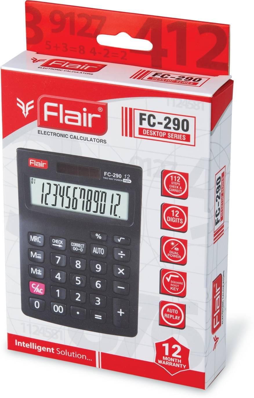 Flair FC - 290 Basic Calculator Dual Power 12 Digit Black Color Plastic Body Flair FC - 290 Basic Calculator Dual Power 12 Digit Black Color Plastic Body