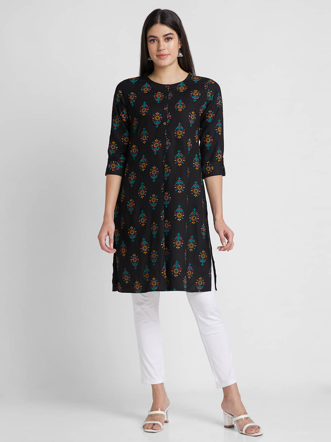 Globus - Black Viscose Women's Straight Kurti ( Pack of 1 ) - Kurtis, Tunics | Buy online on ZillyBuy