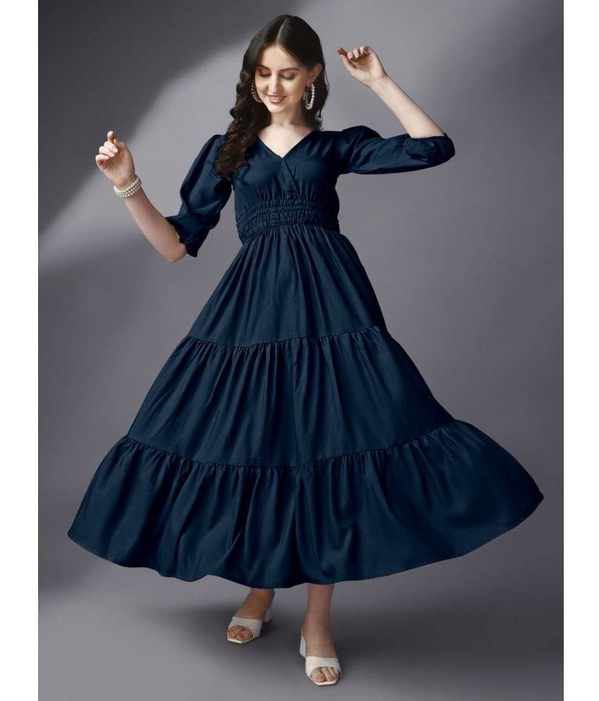 JASH CREATION Women Rayon Solid Fit & Flare Dress ( Blue ) JASH CREATION Women Rayon Solid Fit & Flare Dress ( Blue )
