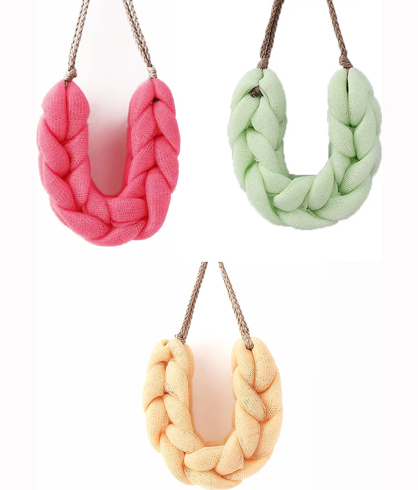 Majestique Mesh Bath Belt, Back Scrubber, Gentle Massaging Body Loofah - Pack Of 3 Color May Vary