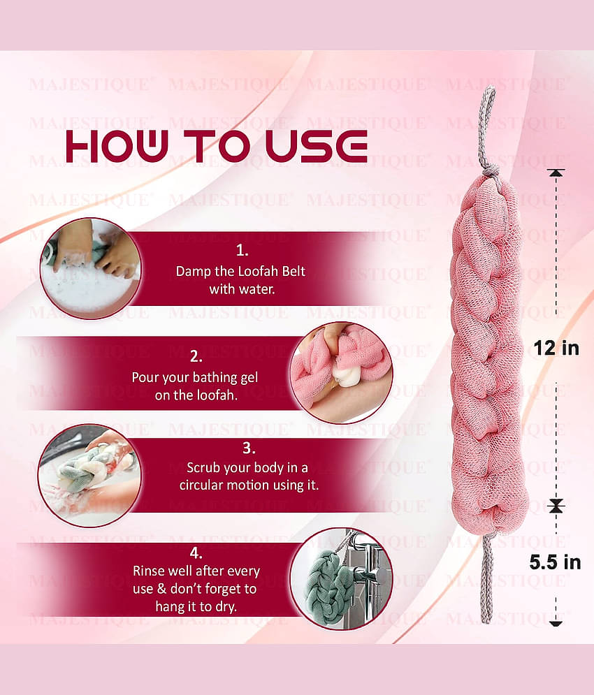 Majestique Mesh Bath Belt, Back Scrubber, Gentle Massaging Body Loofah - Pack Of 3 Color May Vary