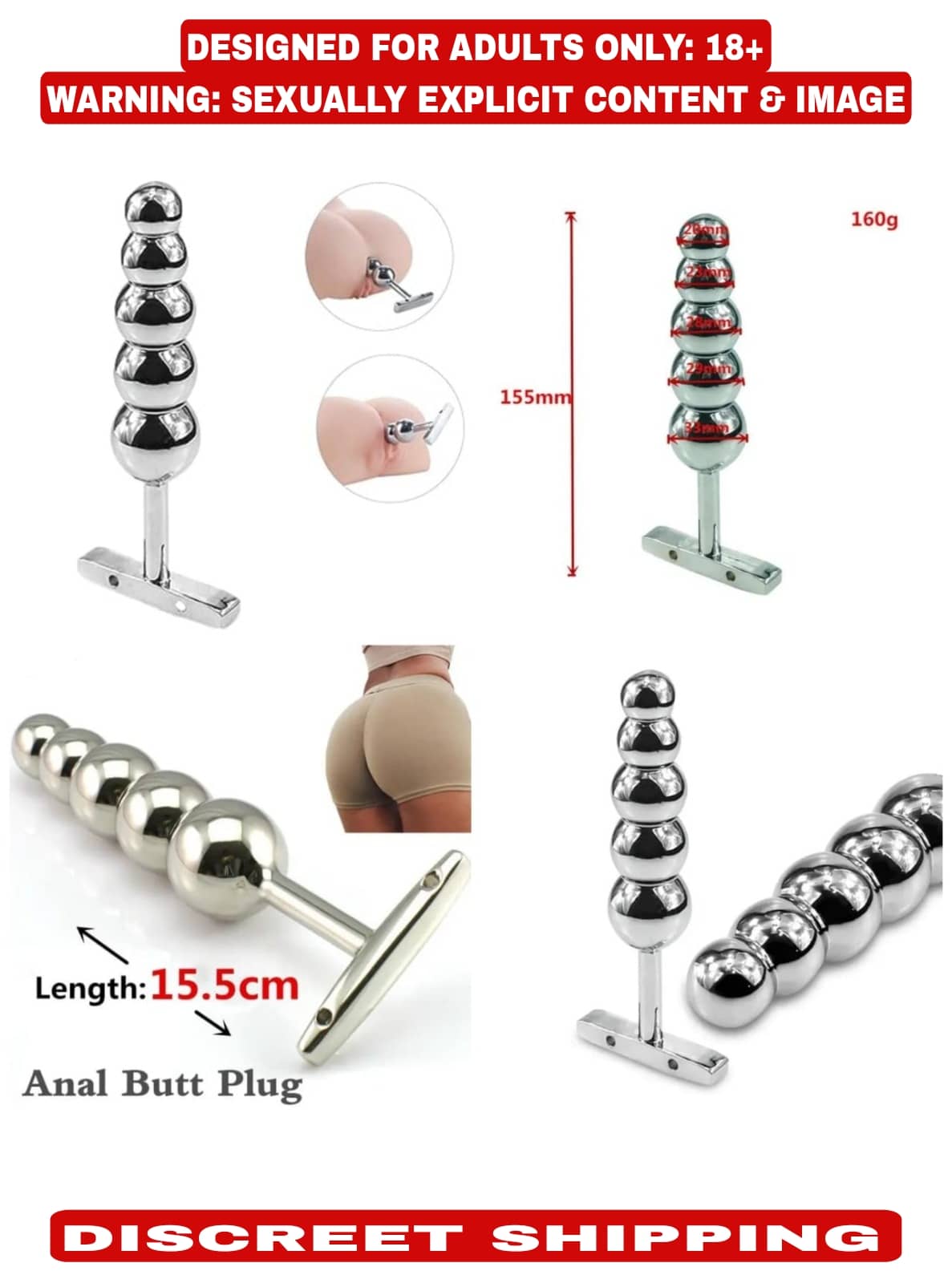 T-Handle Tower Stainless Steel 5 Anal Beads Butt Plug Sex Toy For Men Women By Kamahouse