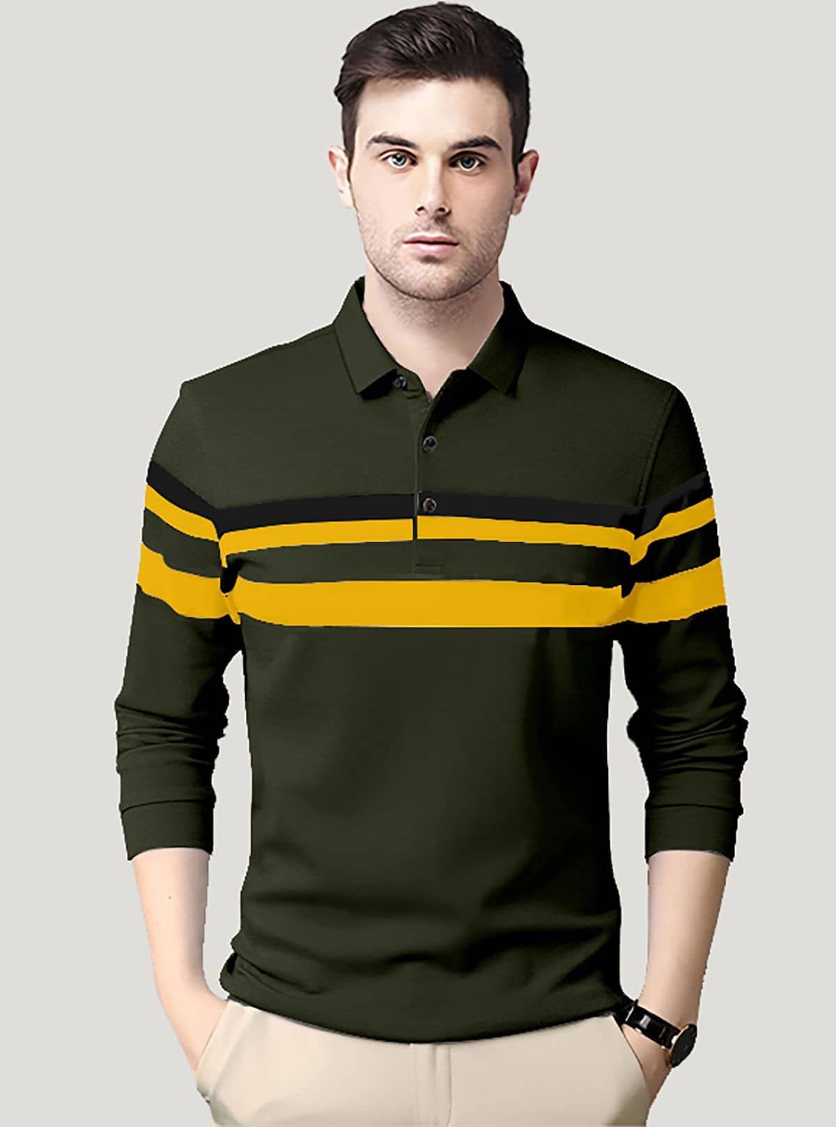 AUSK Pack of 1 Cotton Blend Regular Fit Striped Full Sleeves Men's Polo T Shirt ( Green )