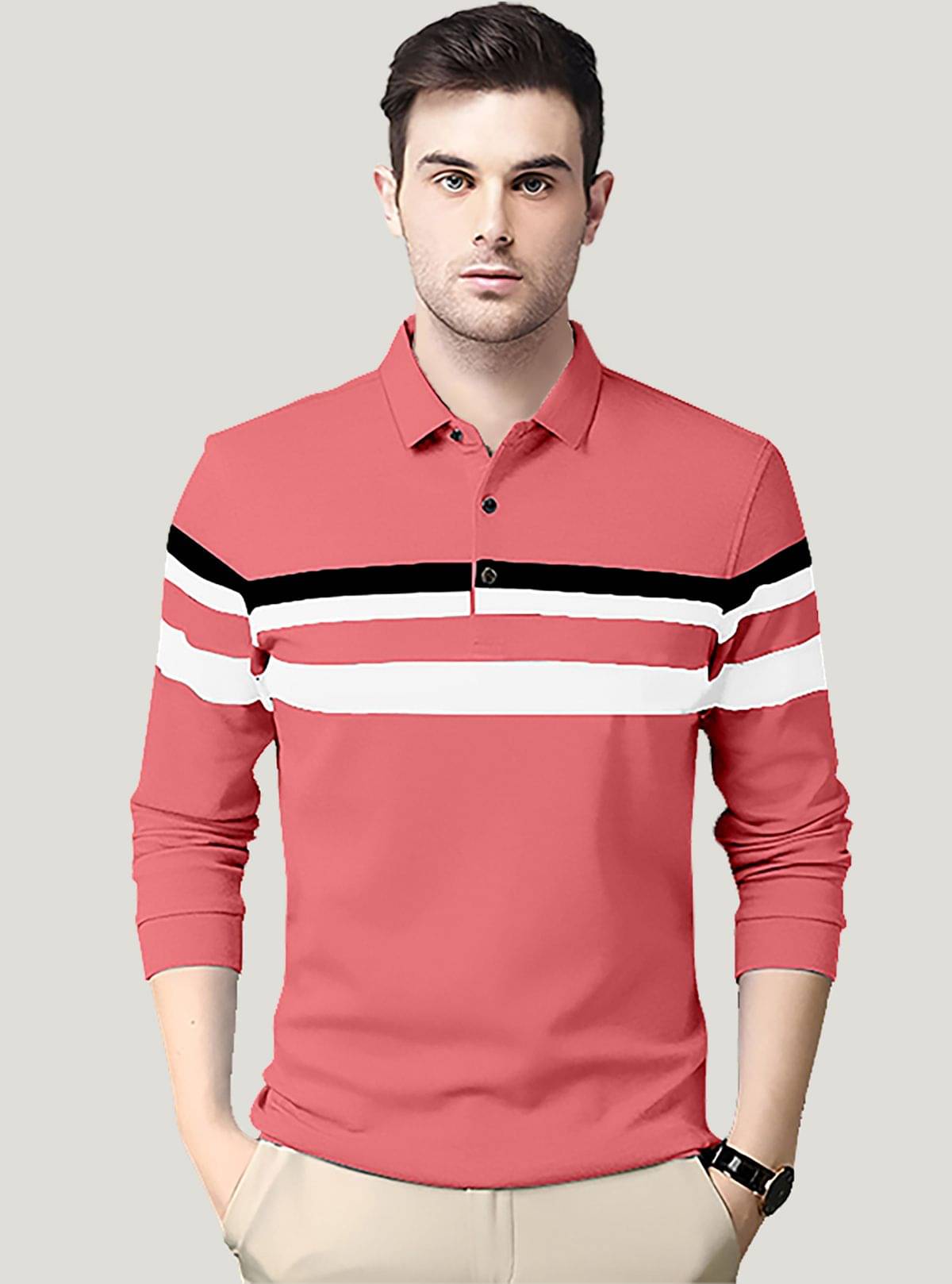     			AUSK Pack of 1 Cotton Blend Regular Fit Striped Full Sleeves Men's Polo T Shirt ( Light Pink )