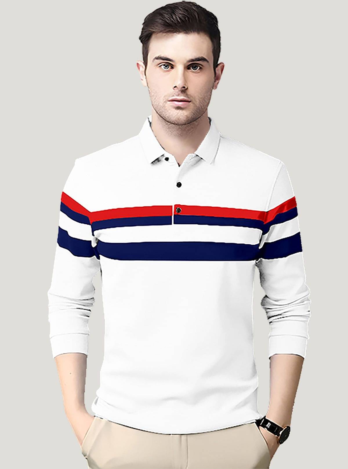 AUSK Pack of 1 Cotton Blend Regular Fit Striped Full Sleeves Men's Polo T Shirt ( White ) AUSK Pack of 1 Cotton Blend Regular Fit Striped Full Sleeves Men's Polo T Shirt ( White )
