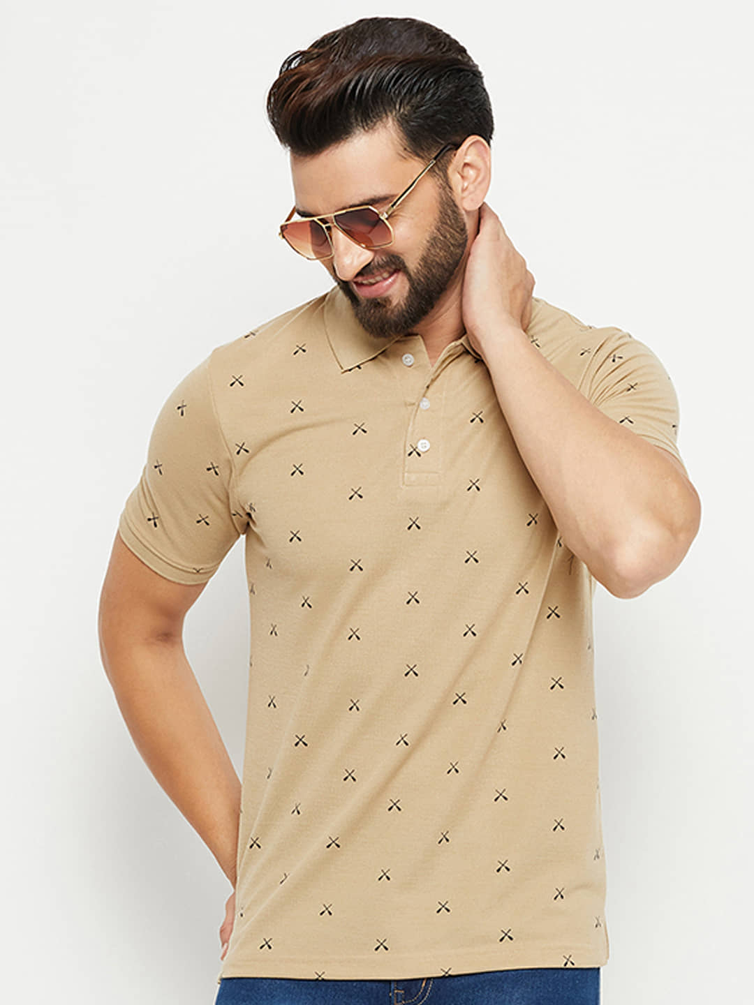Emerald Pack of 1 Cotton Blend Regular Fit Printed Half Sleeves Men's Polo T Shirt ( Beige )
