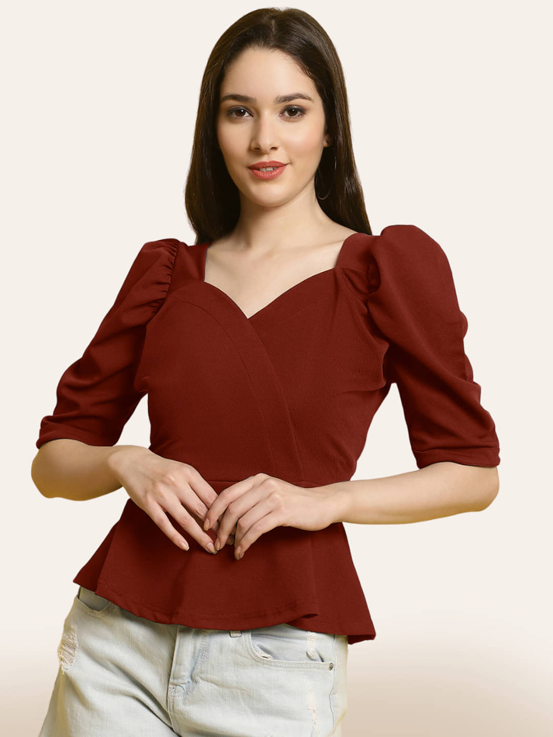 Fabflee Women's Polyester Peplum Top ( Maroon ) Fabflee Women's Polyester Peplum Top ( Maroon )