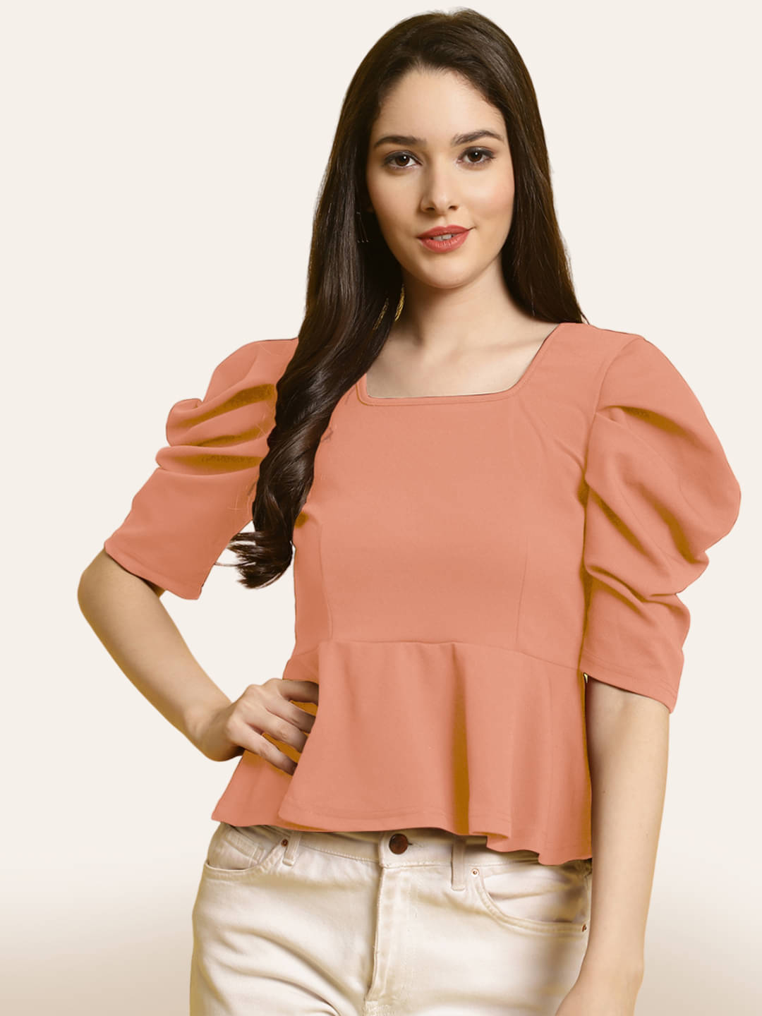 Fabflee Women's Polyester Peplum Top ( Peach ) Fabflee Women's Polyester Peplum Top ( Peach )