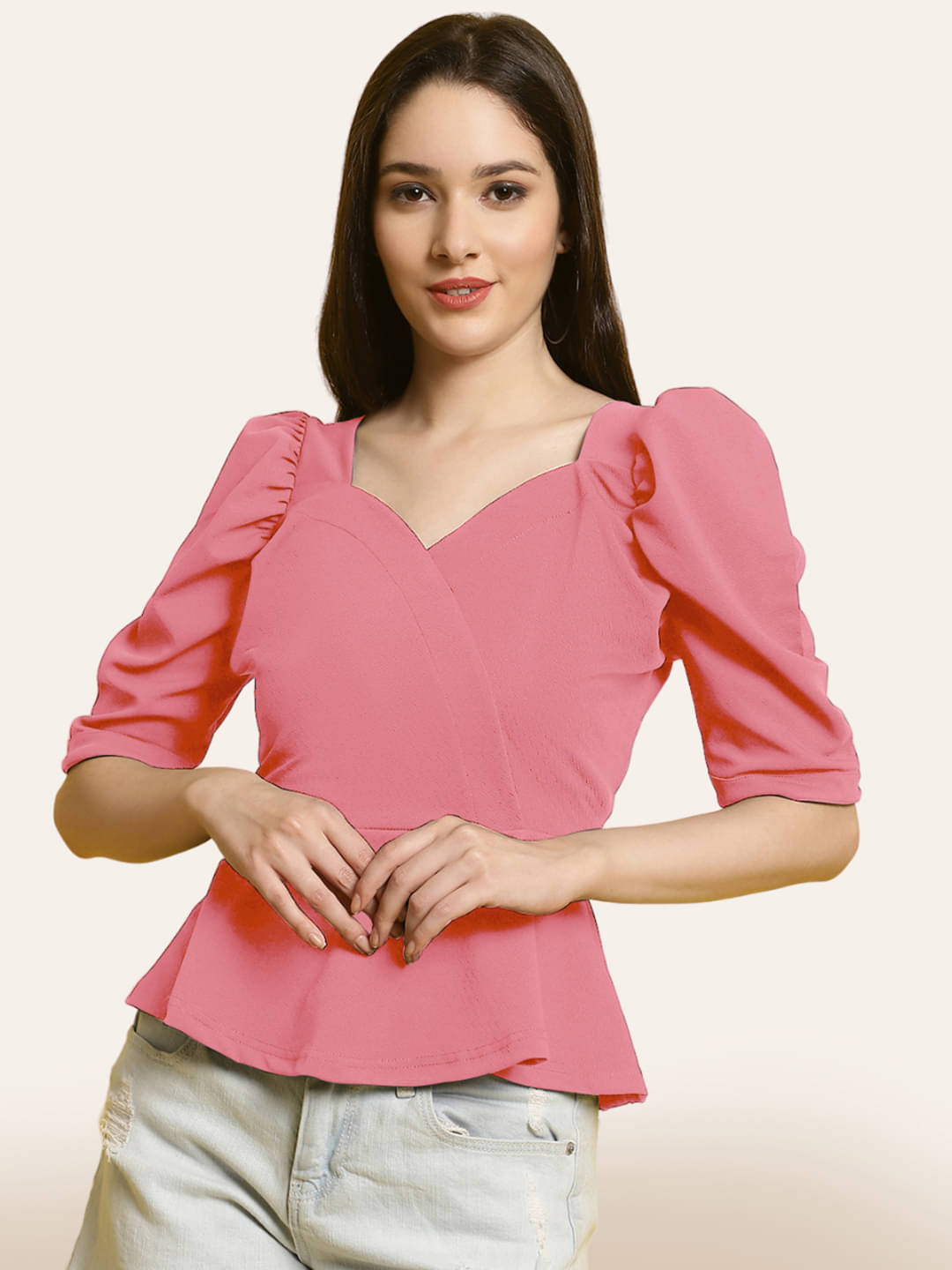Fabflee Women's Polyester Peplum Top ( Pink )     			Fabflee Women's Polyester Peplum Top ( Pink )