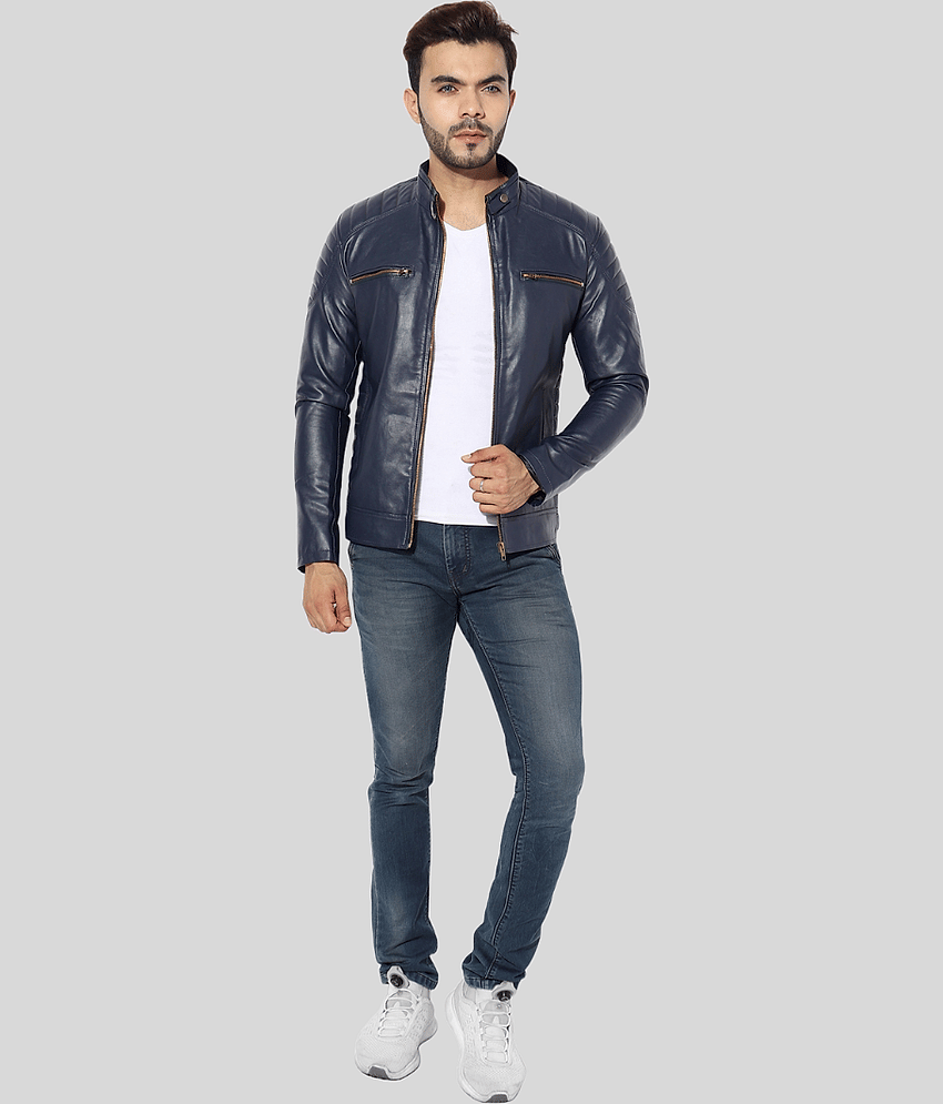 GARMADIAN - Blue PU Leather Slim Fit Men's Leather Jacket ( Pack of 1 )