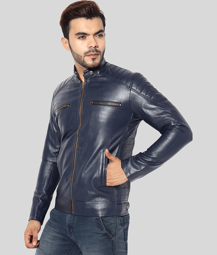 GARMADIAN - Blue PU Leather Slim Fit Men's Leather Jacket ( Pack of 1 )