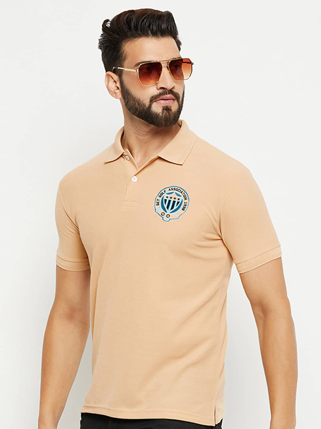 GET GOLF Pack of 1 Cotton Blend Regular Fit Solid Half Sleeves Men's Polo T Shirt ( Beige )