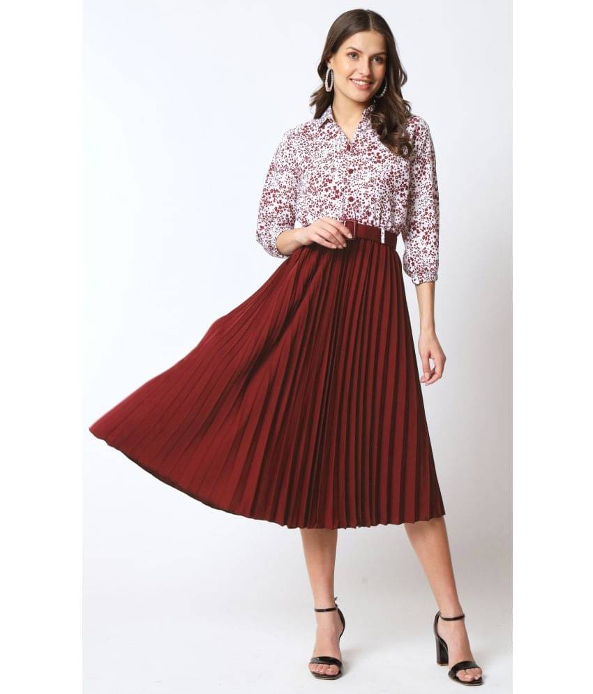    			OTABU Women Polyester Printed Fit & Flare Dress ( Maroon )