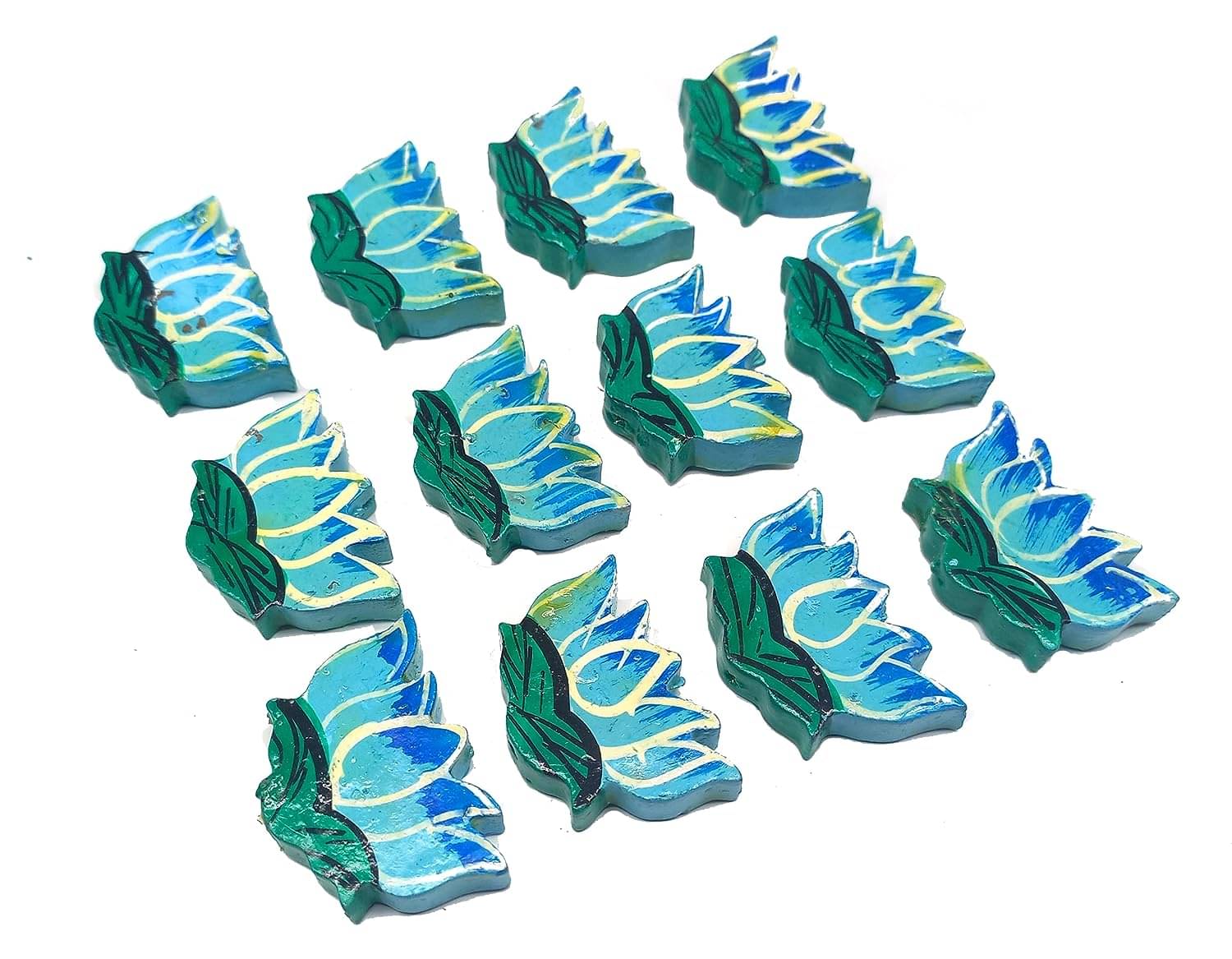     			PRANSUNITA Handmade Wooden Lotus Shape Beads – Size 4 x 3 cm- Used in Vandanwar, Wind chimes, Latkans, Crafts Beading ,Decorations for Diwali, Wedding Rangoli, Pooja function, Macrame, etc. Pack of 12 pcs (Small Size) - Light Blue