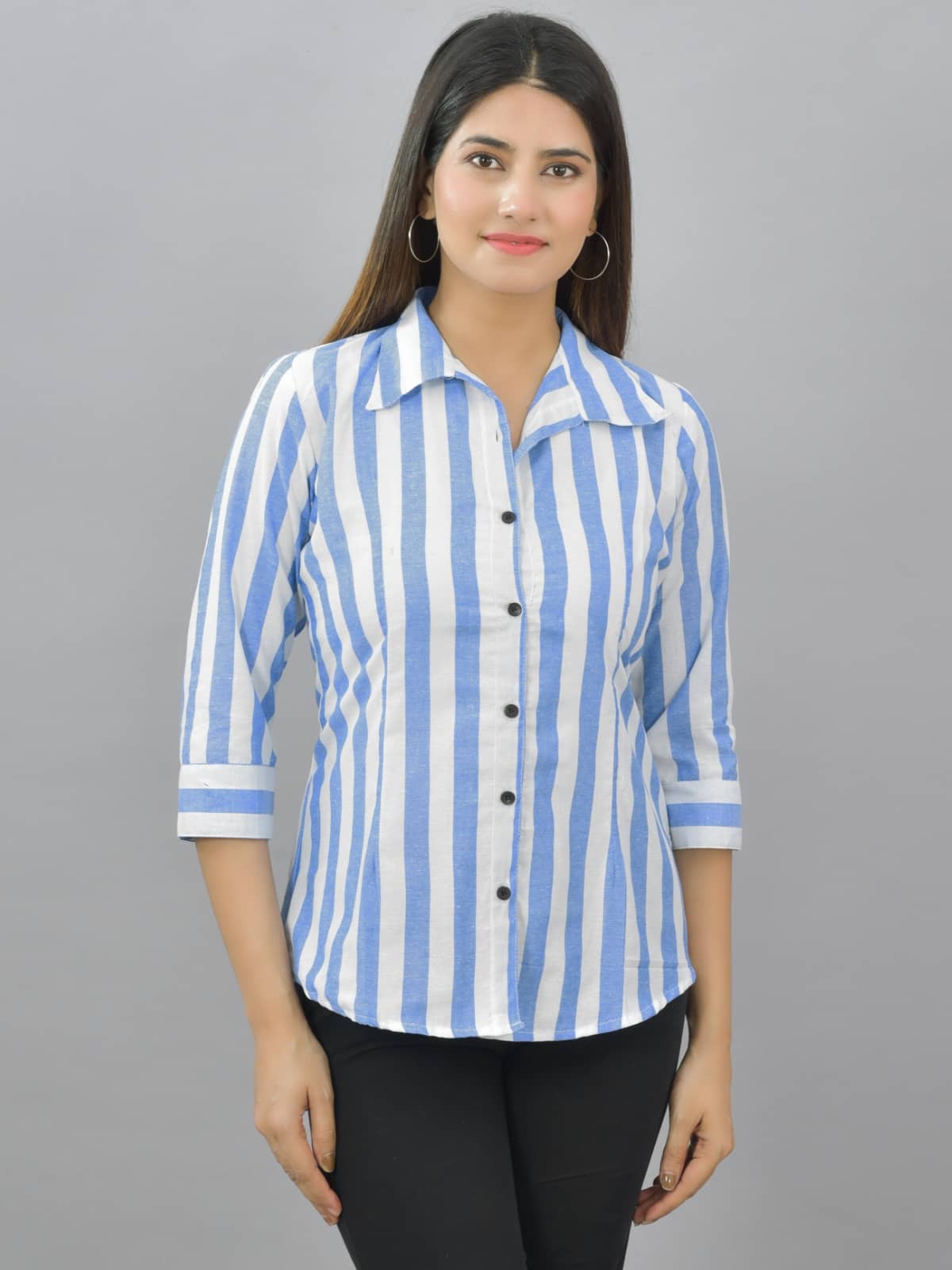 QuaClo Women Striped Cotton Shirt ( Blue )