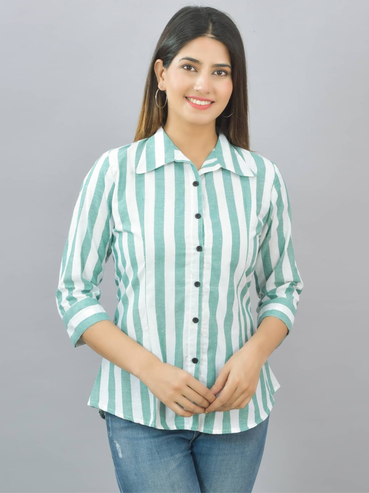 QuaClo Women Striped Cotton Shirt ( Green )