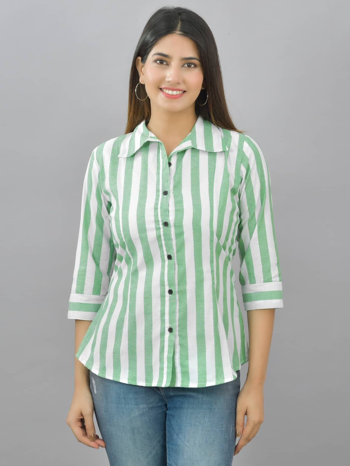 QuaClo Women Striped Cotton Shirt ( Green )