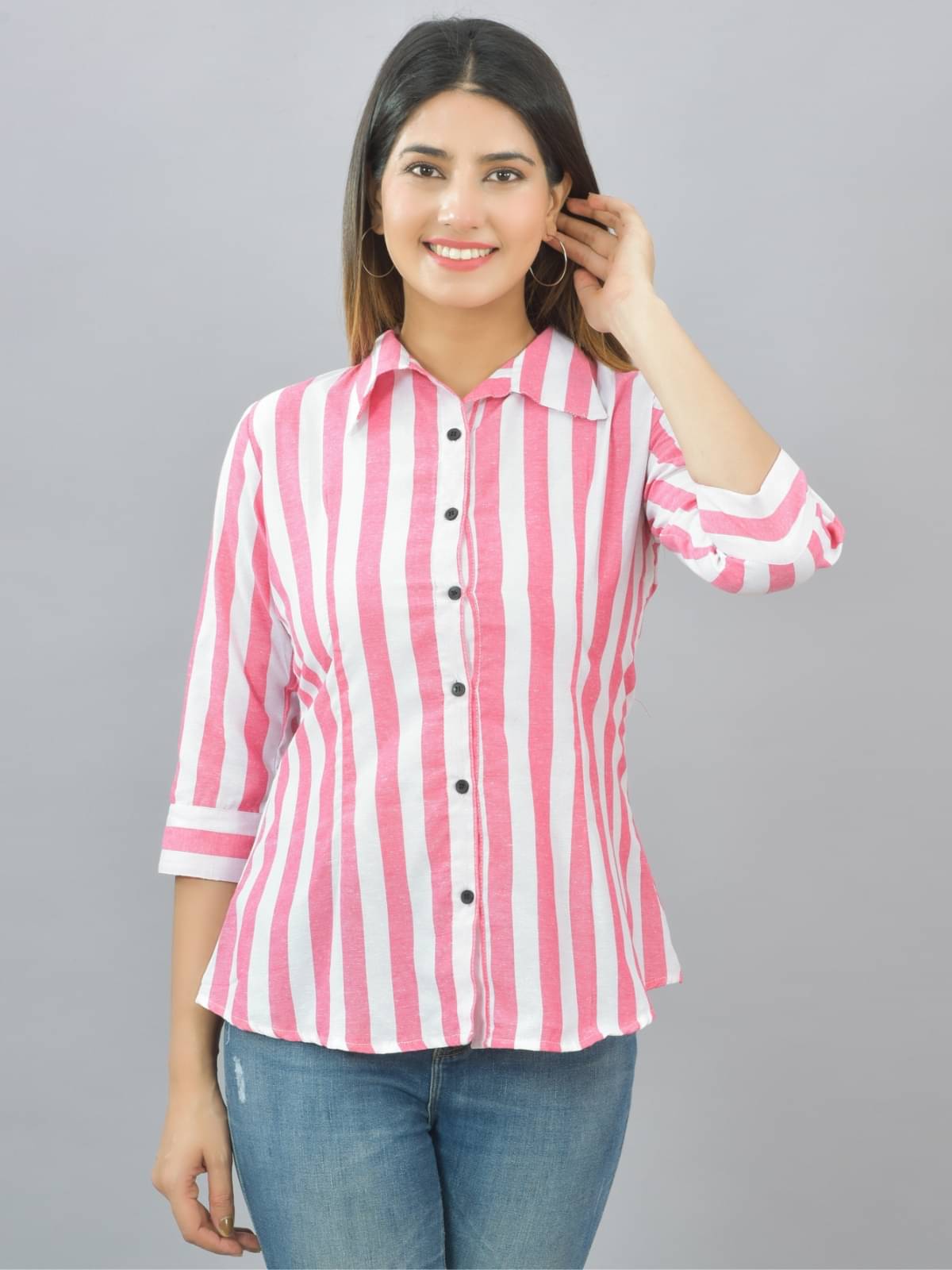 QuaClo Women Striped Cotton Shirt ( Pink )     			QuaClo Women Striped Cotton Shirt ( Pink )
