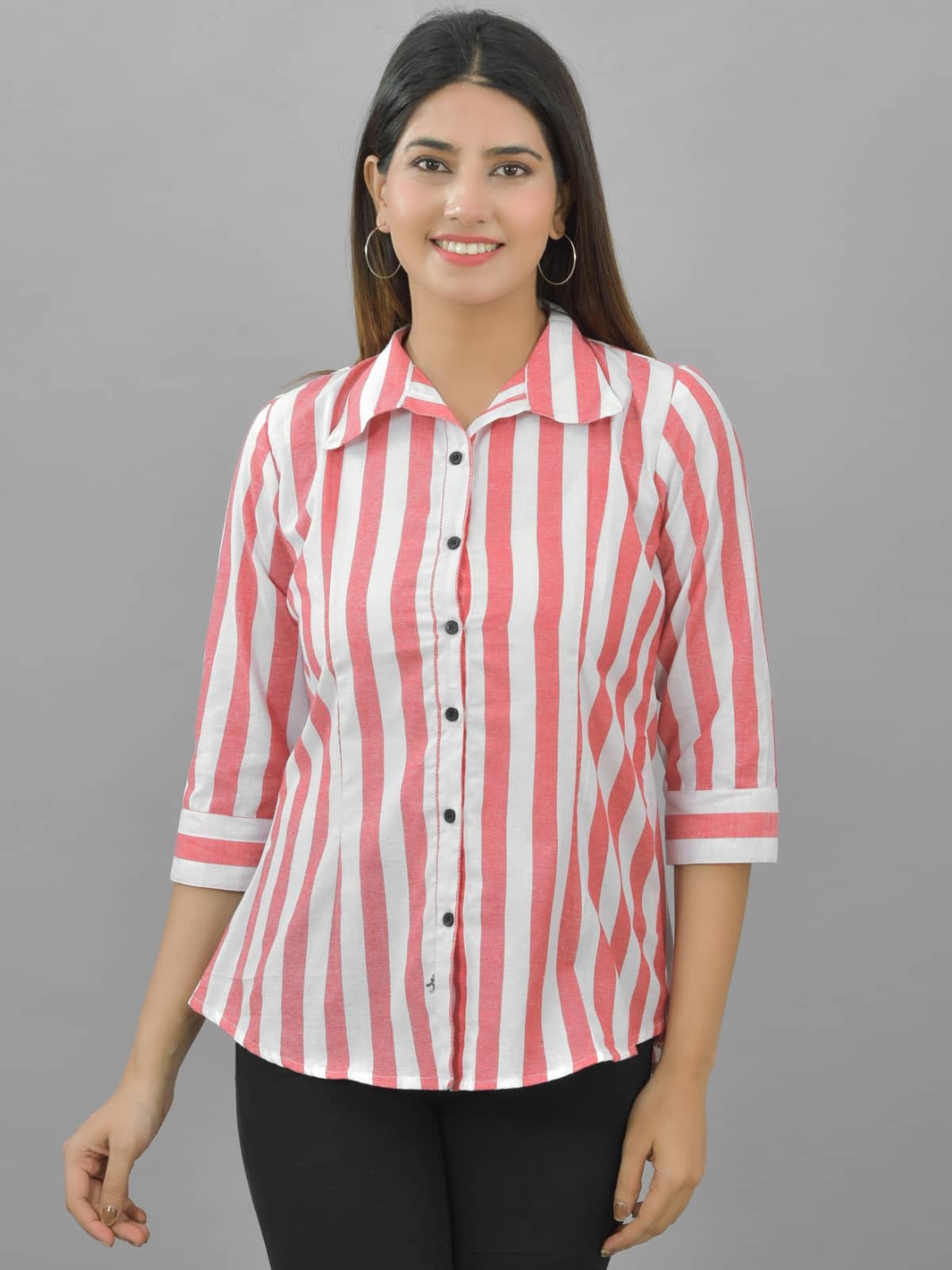 QuaClo Women Striped Cotton Shirt ( Red )