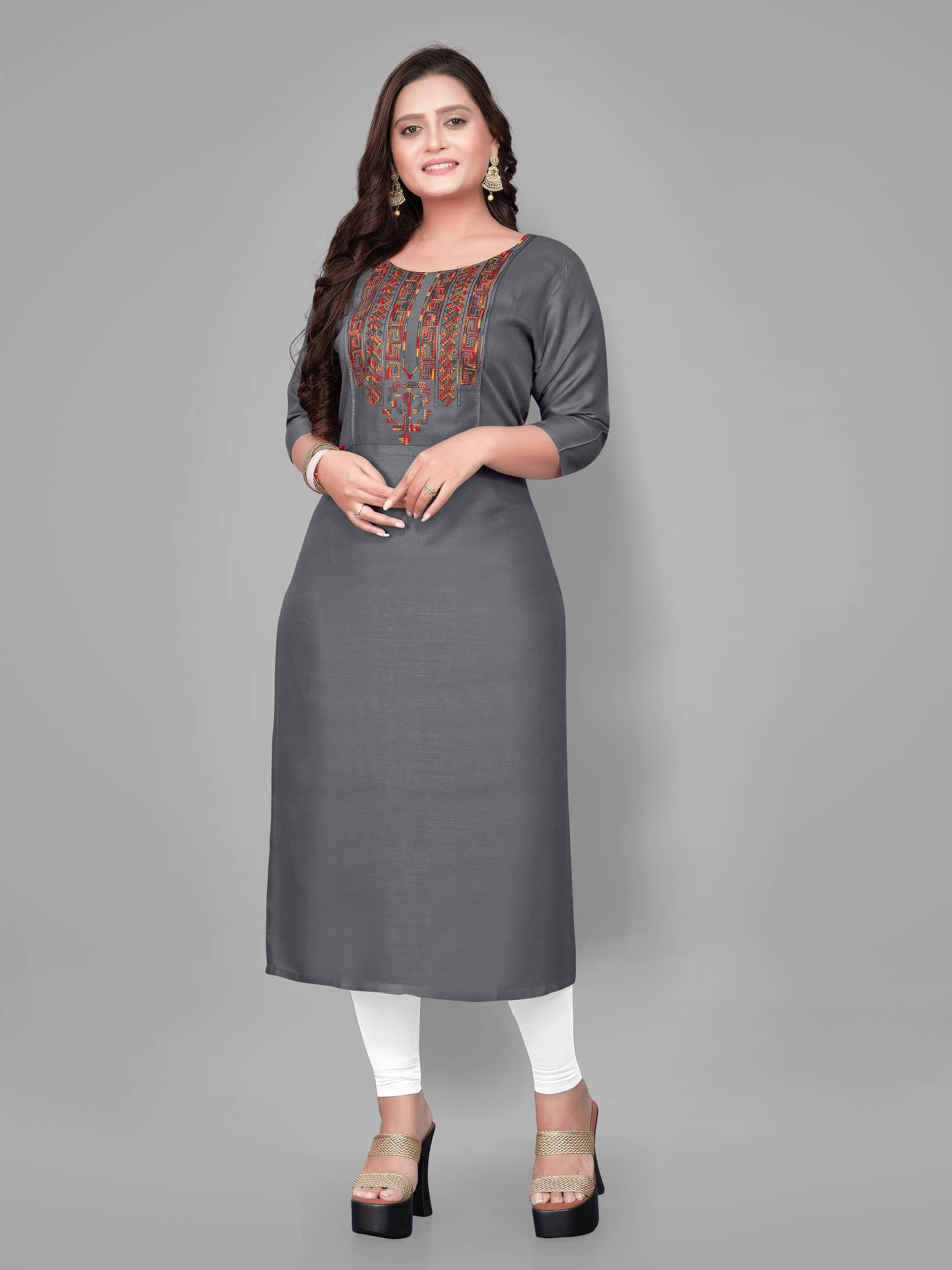 RIAANA - Grey Rayon Women's Straight Kurti ( Pack of 1 ) - Kurtis, Tunics | Buy online on ZillyBuy