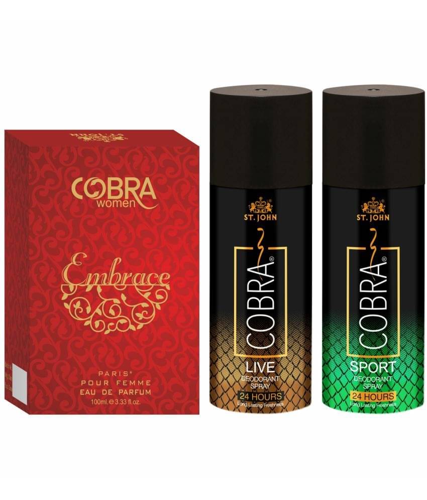 ST.JOHN Cobra Live,Sport 150ml Each & Embrace 100ml Deodorant Spray & Perfume for Men - Pack of 3     			ST.JOHN Cobra Live,Sport 150ml Each & Embrace 100ml Deodorant Spray & Perfume for Men - Pack of 3