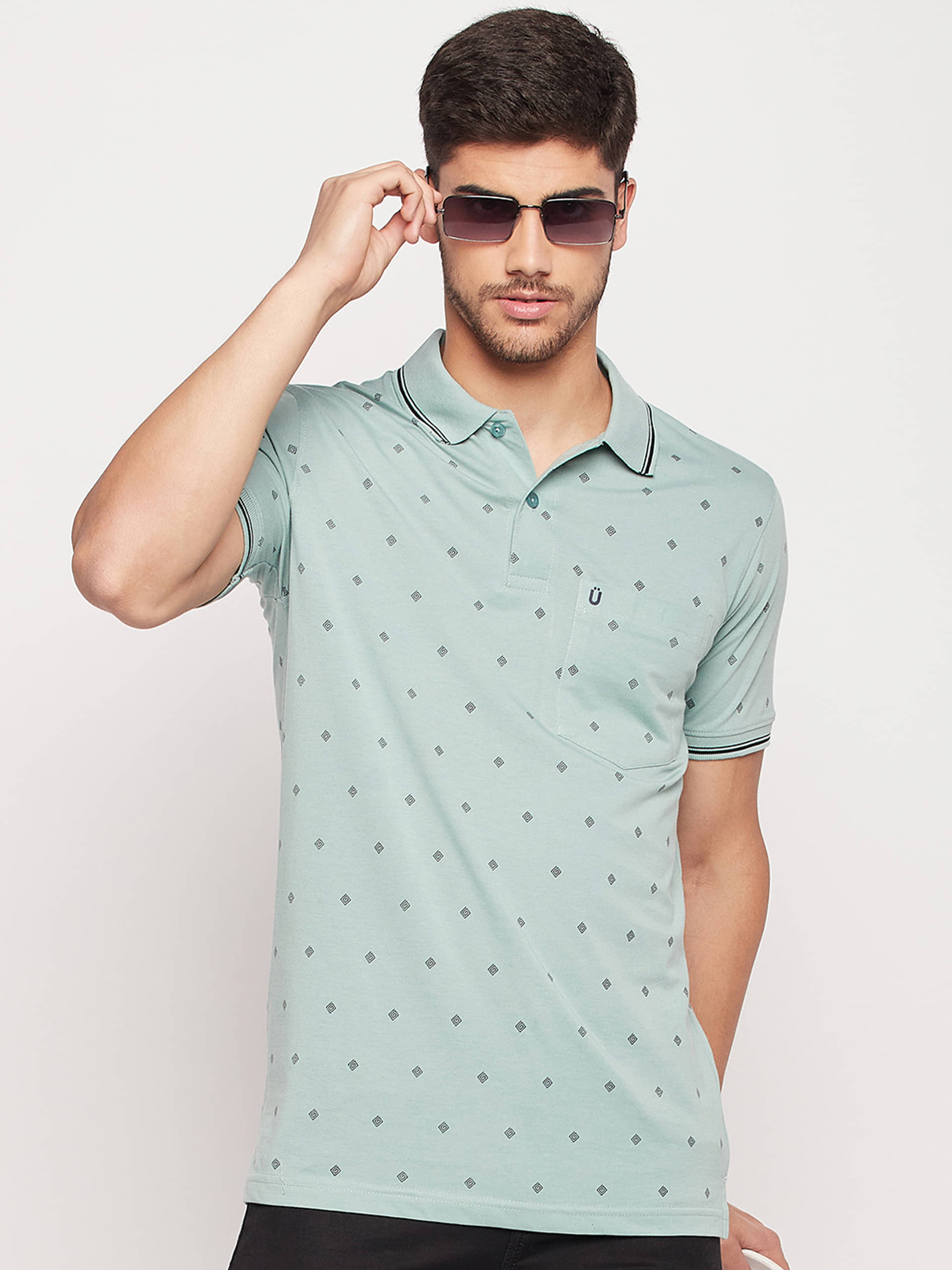 UNIBERRY Pack of 1 Cotton Blend Regular Fit Printed Half Sleeves Men's Polo T Shirt ( Mint Green )