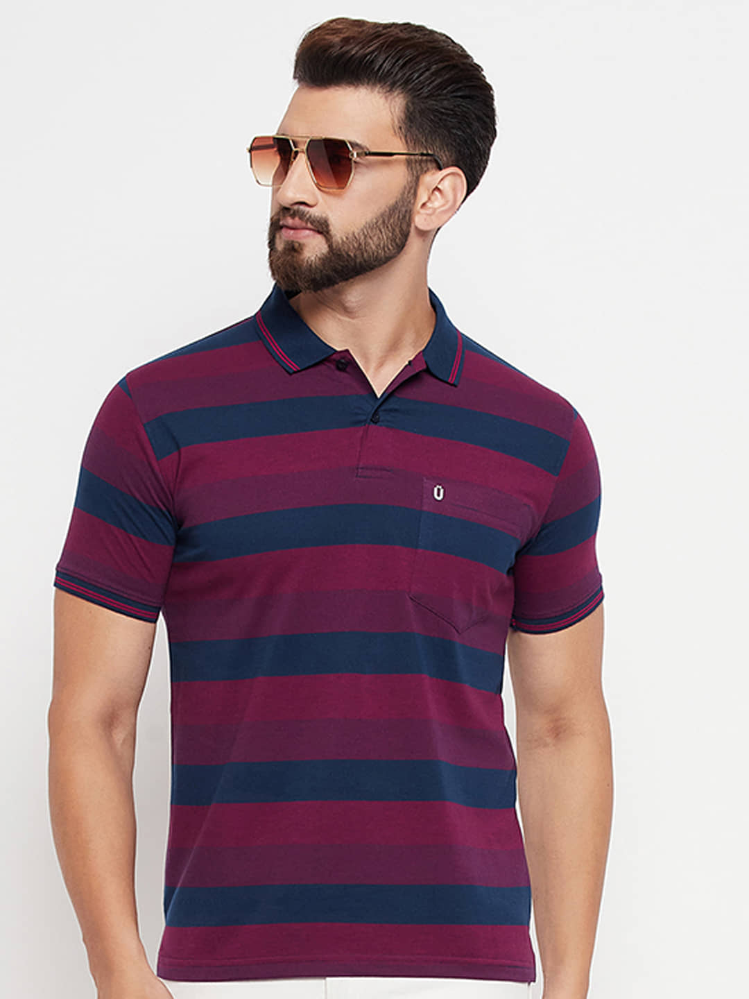 UNIBERRY Pack of 1 Cotton Blend Regular Fit Striped Half Sleeves Men's Polo T Shirt ( Teal Blue )