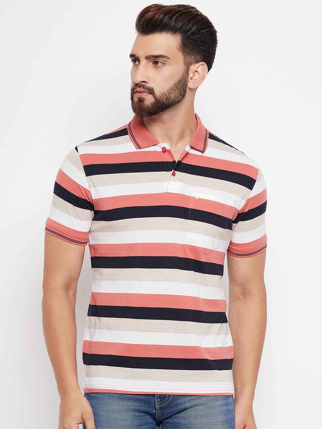 UNIBERRY Pack of 1 Cotton Blend Regular Fit Striped Half Sleeves Men's Polo T Shirt ( Pink )