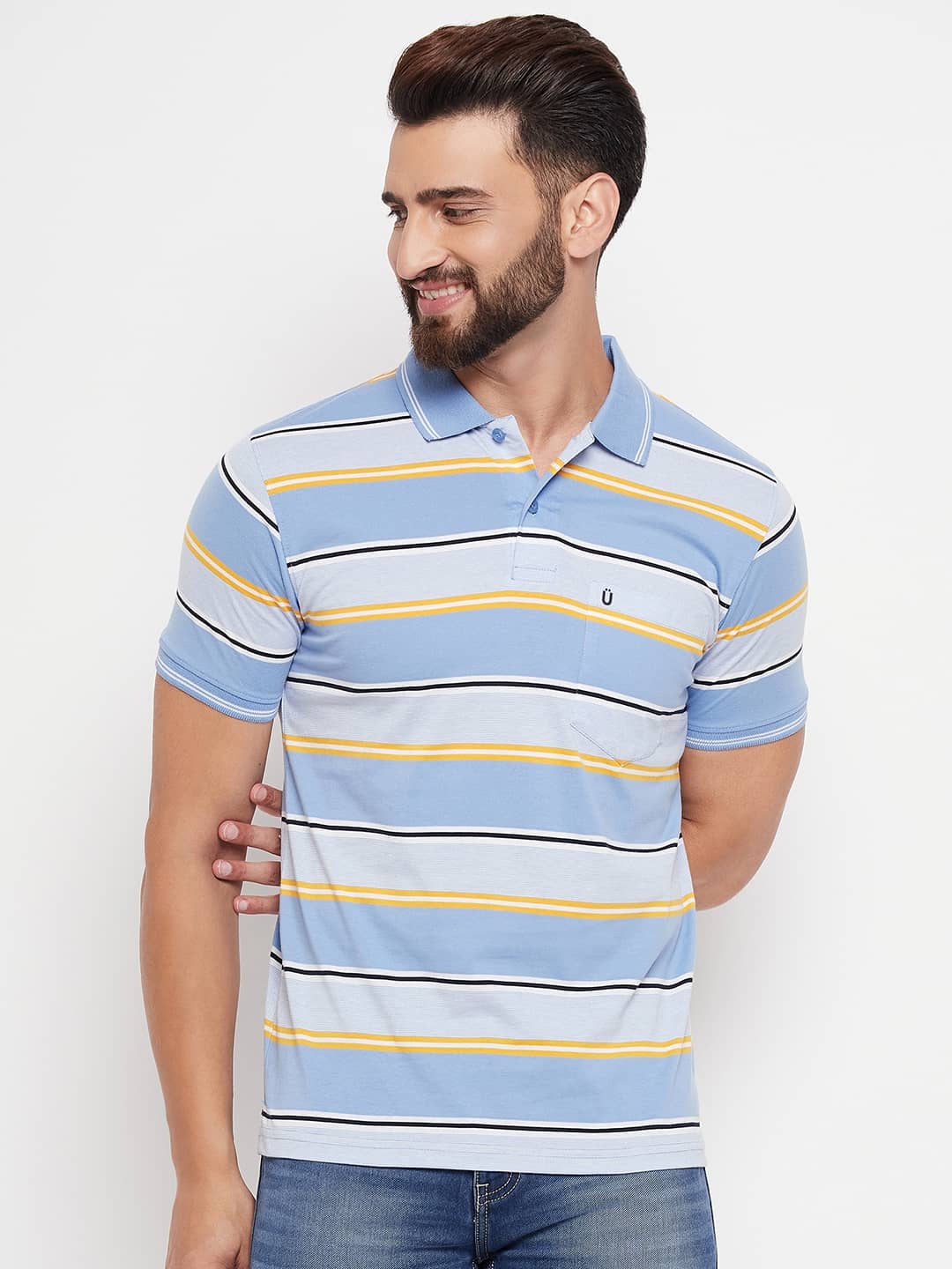 UNIBERRY Pack of 1 Cotton Blend Regular Fit Striped Half Sleeves Men's Polo T Shirt ( Blue )
