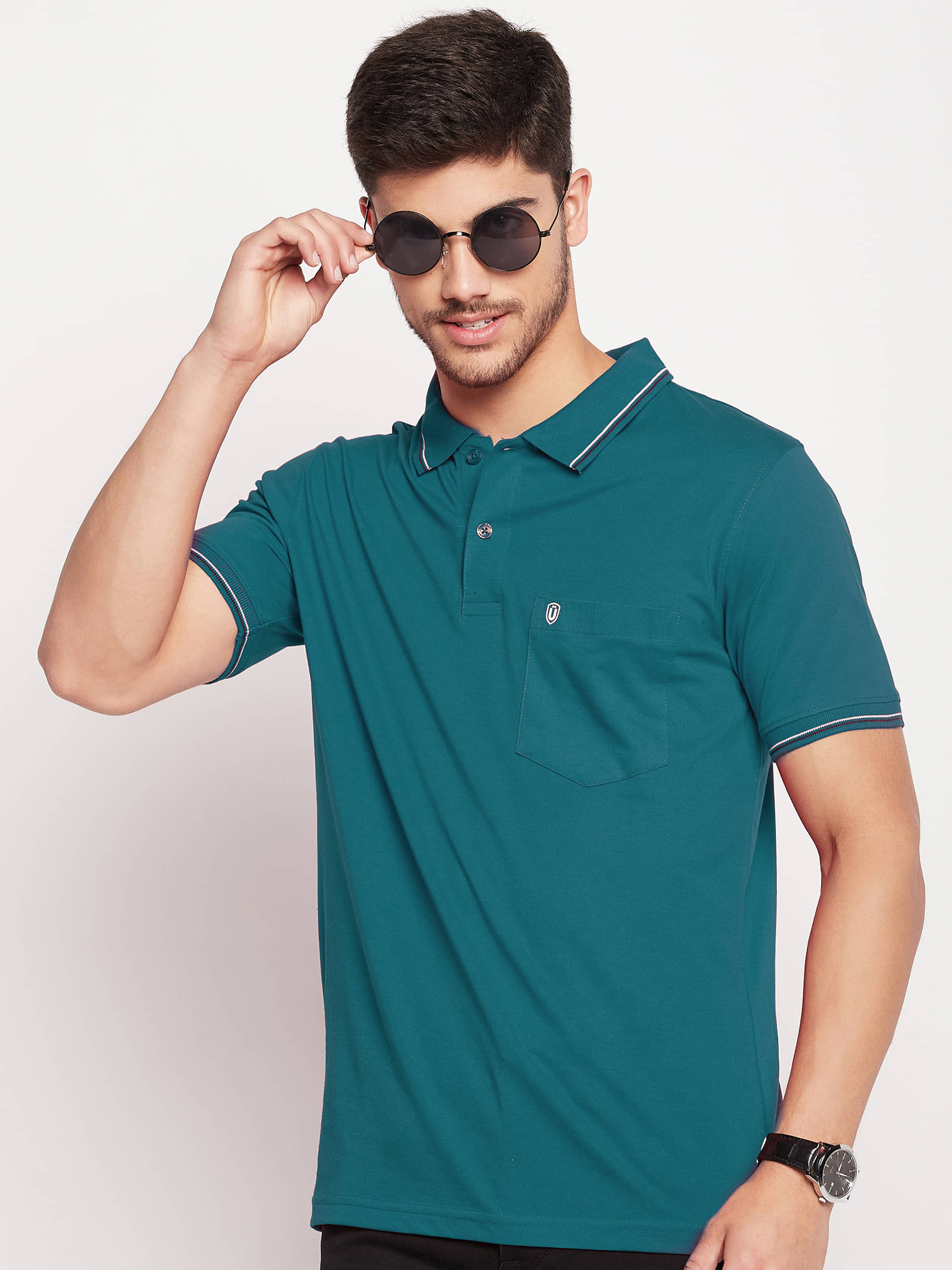 UNIBERRY Pack of 1 Cotton Blend Regular Fit Solid Half Sleeves Men's Polo T Shirt ( Teal Blue )