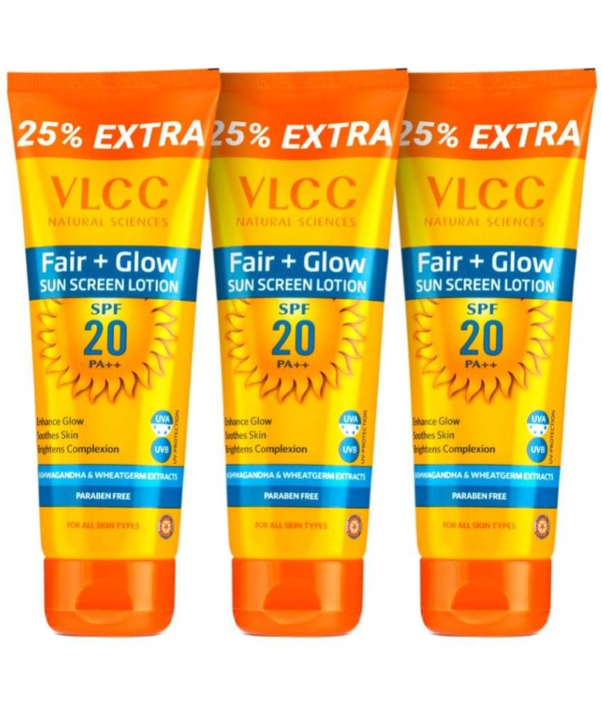     			Vlcc Fair+Glow Sunscreen Lotion Spf 20 Pa ++ , 100G With 25G Extra(Pack Of 3)