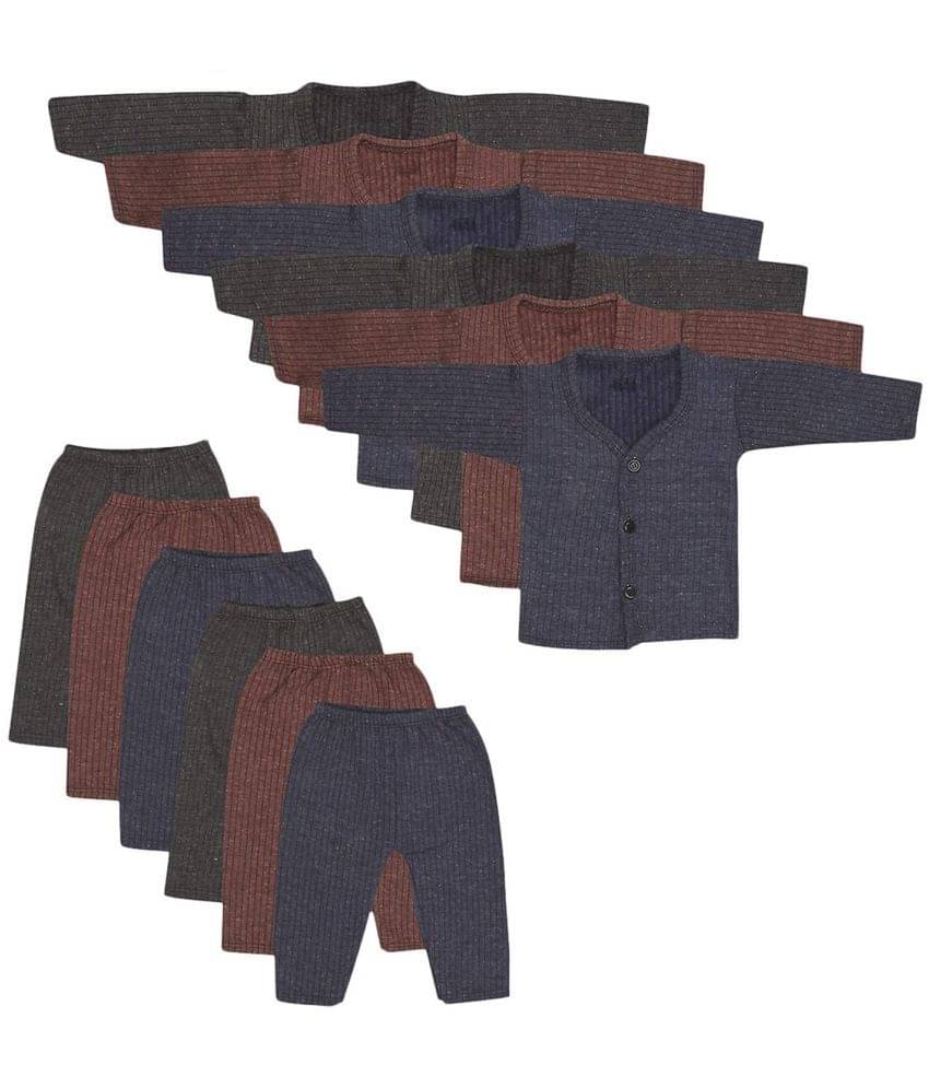    			Valdez Front Open Kids Baby Boys Thermal Set Body Warmer Top & Pyjama, Blue, Grey, Brown, Pack of 6