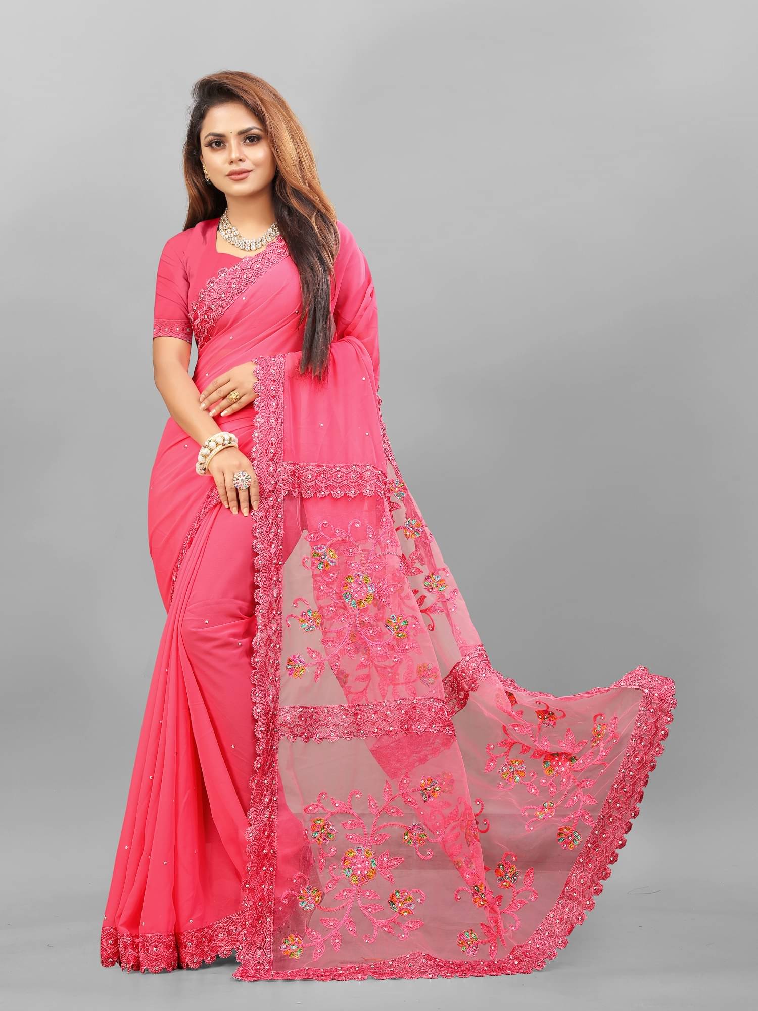 Aika Georgette Embroidered Saree With Unstitched Blouse Piece ( Pink ) Aika Georgette Embroidered Saree With Unstitched Blouse Piece ( Pink )