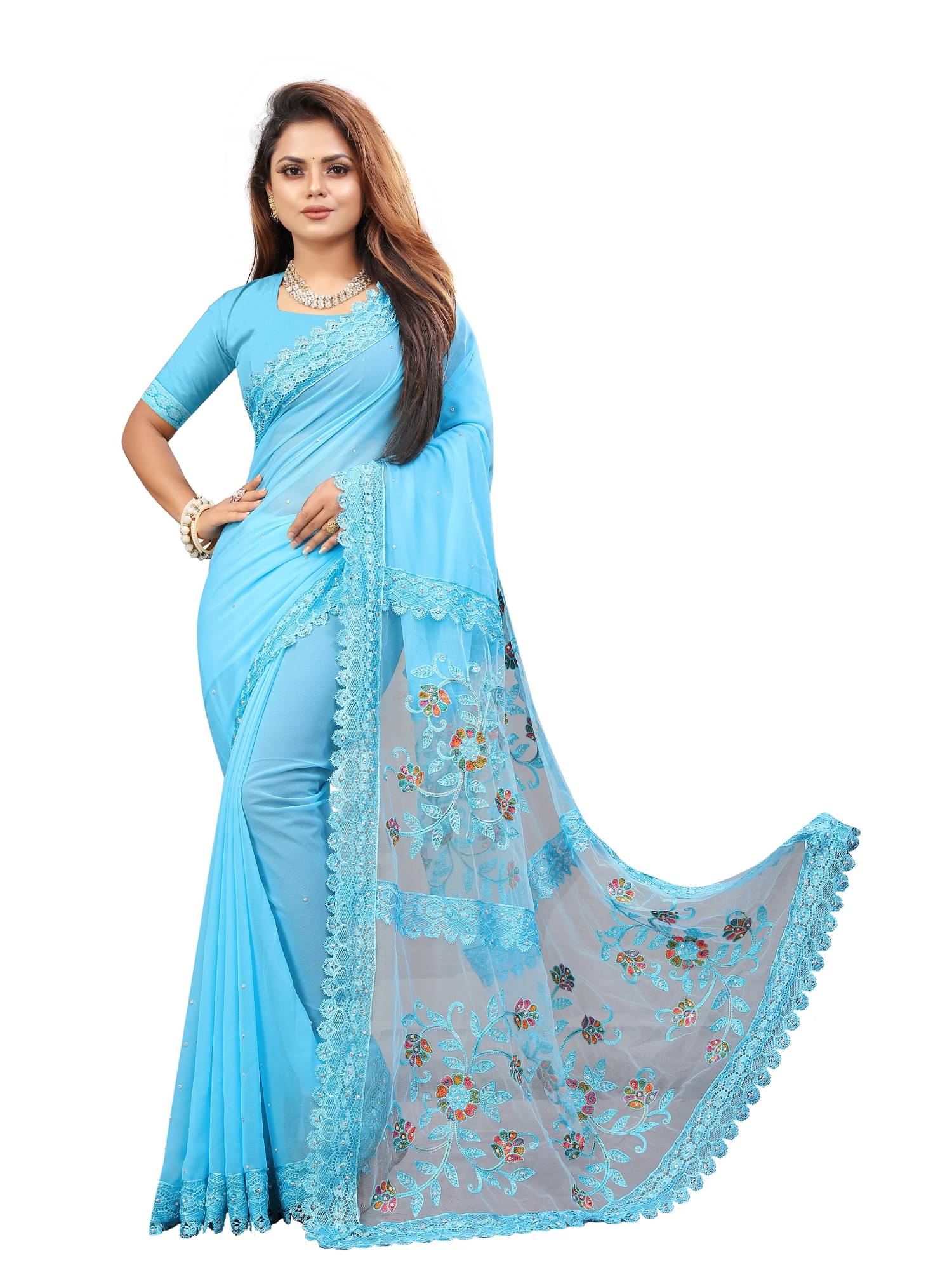     			Aika Georgette Embroidered Saree With Unstitched Blouse Piece ( SkyBlue )