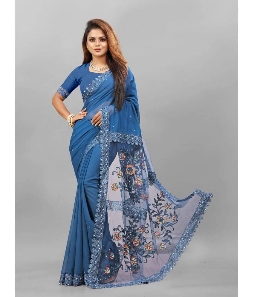 Apnisha Georgette Embroidered Saree With Unstitched Blouse Piece ( Blue ) Apnisha Georgette Embroidered Saree With Unstitched Blouse Piece ( Blue )